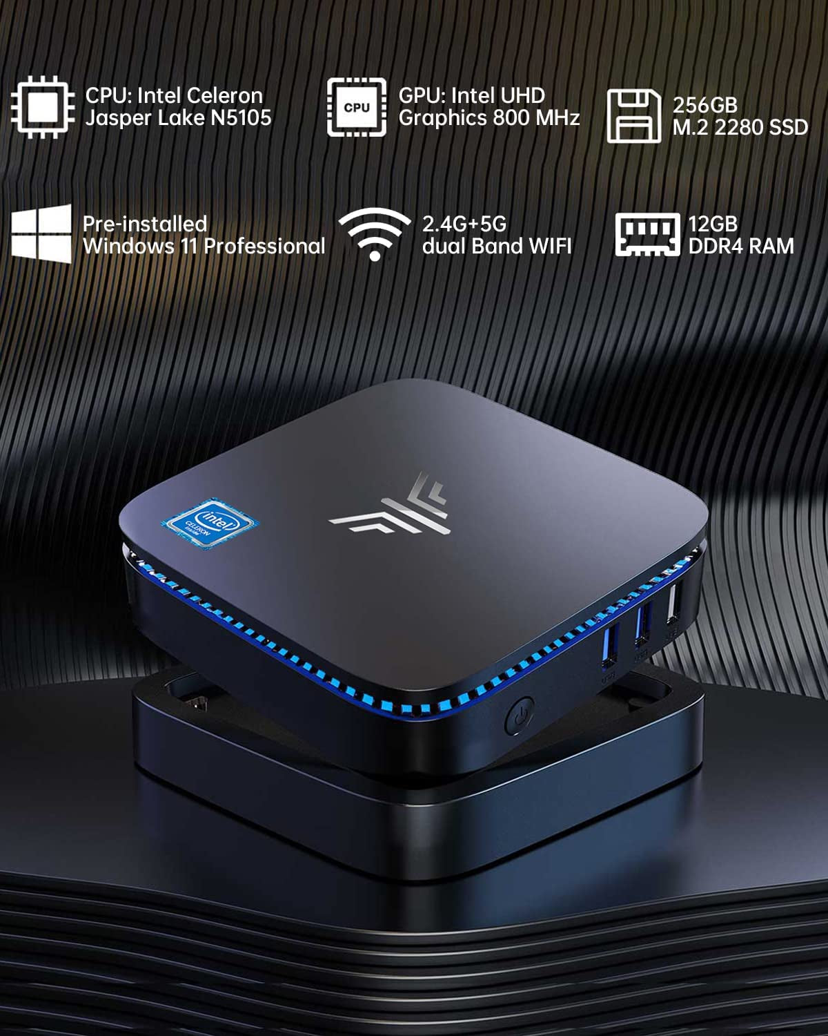 Mini PC, AK1 PRO 12GB RAM 256GB SSD Mini Desktop Computer Intel Celeron N5105 Processor,Quad Core Micro Computer 4K, Support 2.5-Inch SSD, 2.4G/ 5.0G Wifi, Gigabit Ethernet, HTPC