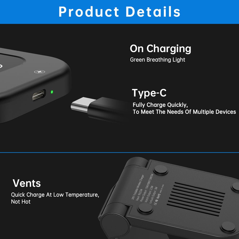 Wireless Charger, 3 in 1 Wireless Charging Station, 23W Fast Charging Dock for Iphone 15/14/13/12/11 Pro Max/X/Xs Max, Iwatch Series 8/7/6/5/SE/4/3/2, Airpods 3/2/Pro, Samsung Phones Charger Stand